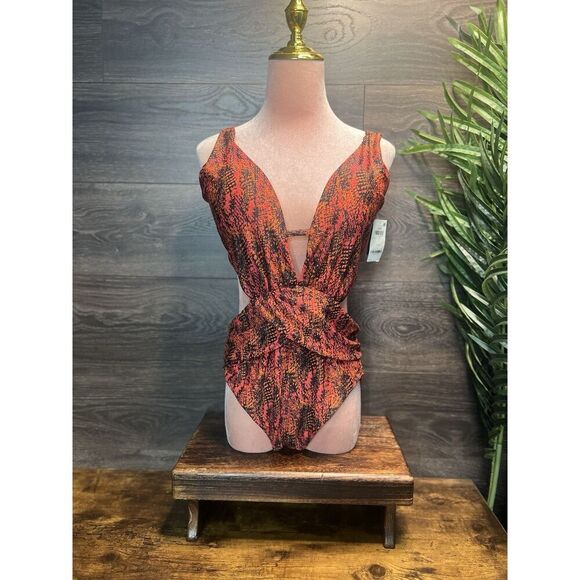 Bar III Viper Snakeskin Print Cut Out Monokini Swimsuit Sz Medium Red Black NWT! - Picture 3 of 9